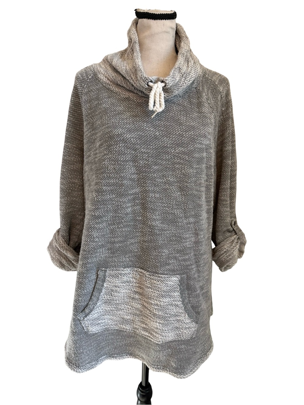 Kensie Performance Cowl Neck Knit Tunic Sweater Long Sleeve Kangaroo Pocket L